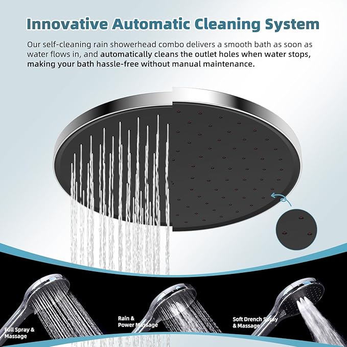 Hibbent Upgraded Self-cleaning Shower Head Combo, High Pressure 10'' Rain Showerhead with 3-mode Handheld Spray, Metal Extension Arm with Easy Reach All Metal 4-way Diverter, 71" Hose & Holder, Chrome