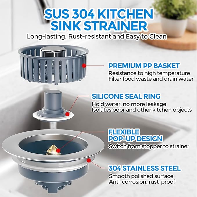 zaa 2 Pack Sink Drain Strainer, Sink Stopper, 3 in 1 Stainless Steel Kitchen Sink Drain Strainer with Anti-Clogging Basket, Fit US Standard 3-1/2 Inch Drain Hole
