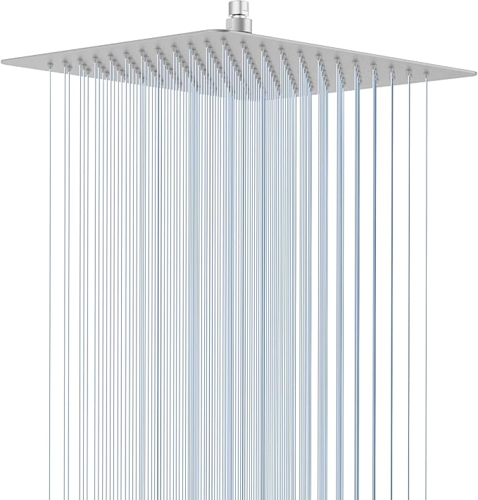 12 Inch Rain Shower Head, 12" Square Rainfall & High Pressure Stainless Steel Bath Shower Head, 1/16" Ultra Thin, Waterfall Full Body Coverage with Silicone Nozzle, Polished Chrome