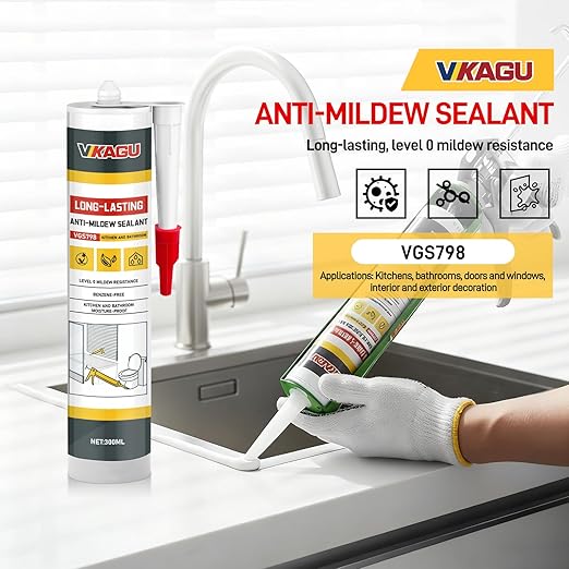 VGS 798 Professional Silicone Sealant Caulk 10.15 Oz Tube for Kitchens & Bathrooms, White, 100% Waterproof Silicone Sealant, Shrink-Resistant & Crack-Resistant