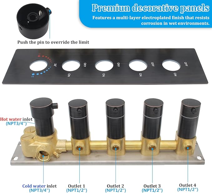 HOMEDEC Oil Rubbed Bronze Brass 4 Way Shower Valve and Trim Kit, Thermostatic Shower Mixer Diverter Valve Faucet Replacement, Water Inlet 3/4"(Vertical installation, 5 Handles)