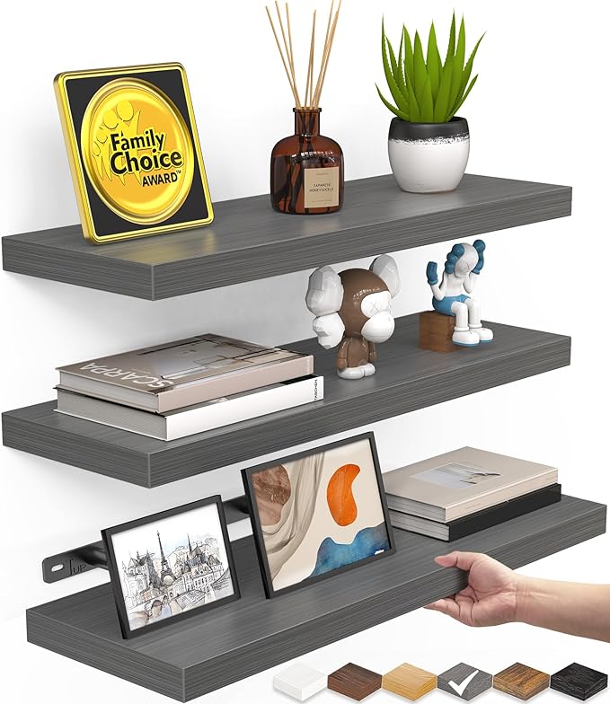 BAYKA Grey Floating Shelves for Wall, Wall Mounted Rustic Wood Shelves for Bathroom, Bedroom, Living Room, Kitchen,Small Hanging Shelf for Books/Storage/Room Decor (Set of 3, 15.7in)