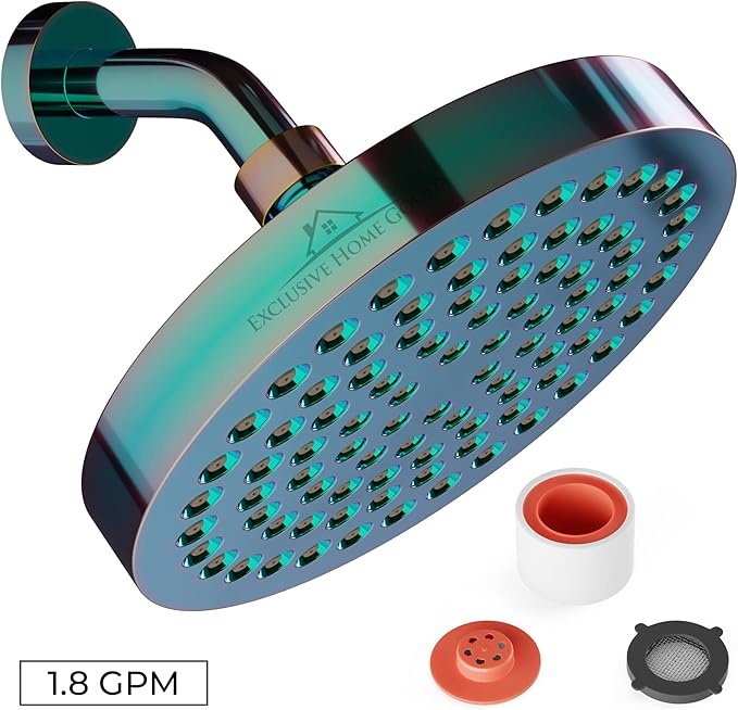 Rainfall Shower Head - 6" High Pressure Shower Heads - 1.8 GPM Shower Heads with Anti-Clog 90 Rubber Jets - 360° Rotation Adjustable Shower Head - Rustproof Bathroom Shower Head - Polished Rainbow