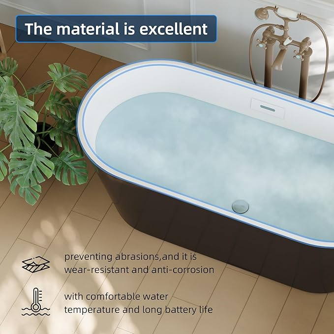 67'' Freestanding Bathtub, Deep Soaking Tub with Non-Slip Base, Acrylic, cUPC Certified Free Standing Tub, Chrome Drain Bath Tub, Modern Tub for Bathrooms, Black