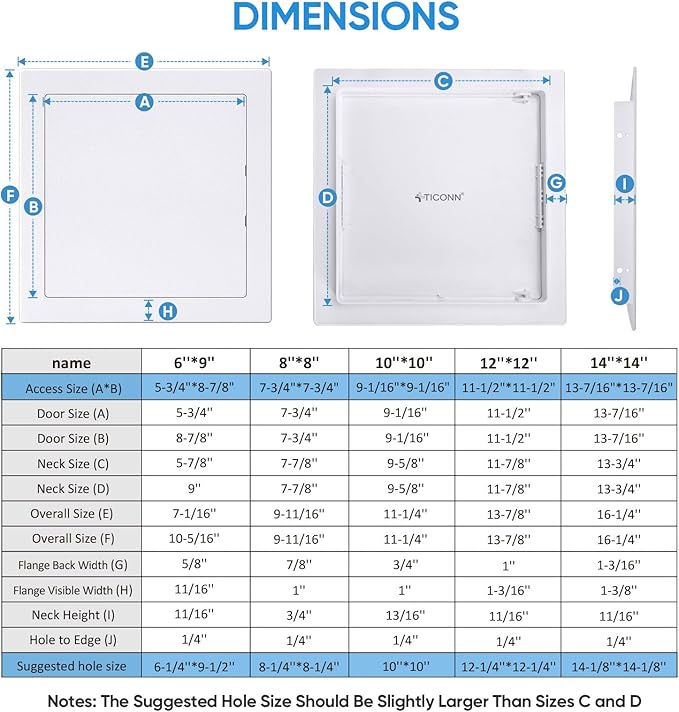 TICONN Access Panel for Drywall, 14 x 14 Inch ABS Plastic Wall Hole Cover Access Doors, Easy Install Plumbing Wall Panel for Drywall, Ceiling, Wiring and Cables