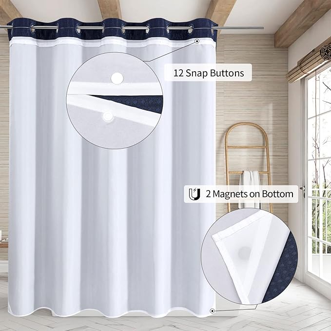 MitoVilla Navy Blue Waffle Long Shower Curtain Liner Set 72 x 80, No Hooks Required 80 inch Long Fabric Cloth Shower Curtain Set with Cloth Snap-in Liner for Modern Hotel Bathroom Decor