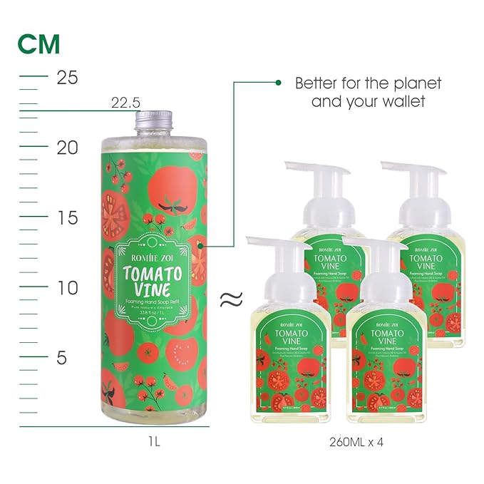 ROMIIE ZOI Foaming Hand Soap Refill Gift Set – Tomato Vine Scent – 3 Pack (33.8 Fl Oz Each) with Refillable Dispenser, Chemical-Free & Moisturizing Formula – Bulk Refills Setfor Bathroom & Kitchen