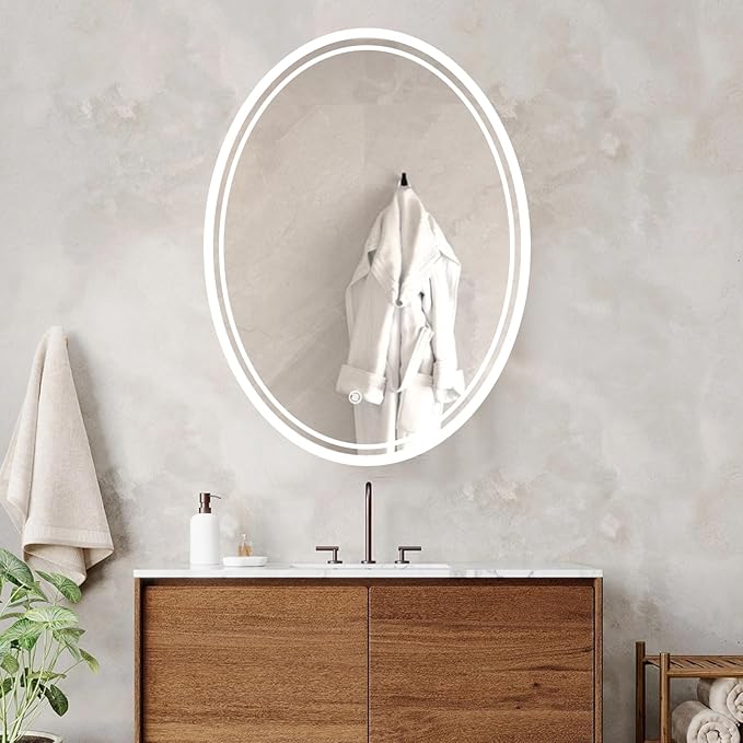 36 X 28 Inch Oval LED Bathroom Mirror Anti-Fog Wall Mounted Lighted Bathroom Vanity Mirror Smart Makeup Mirror 3 Colors Light Dimmable Touch Switch