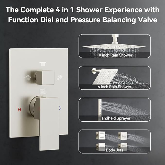 Shower Systems Brushed Nickel Shower Faucet Sets,Bostingner 4 Modes 10+6" Double Rain Shower Head with 2 in 1 Handheld Spray and 4Pcs Body Jets,Shower Set with Diverter and Trim Kit Complete