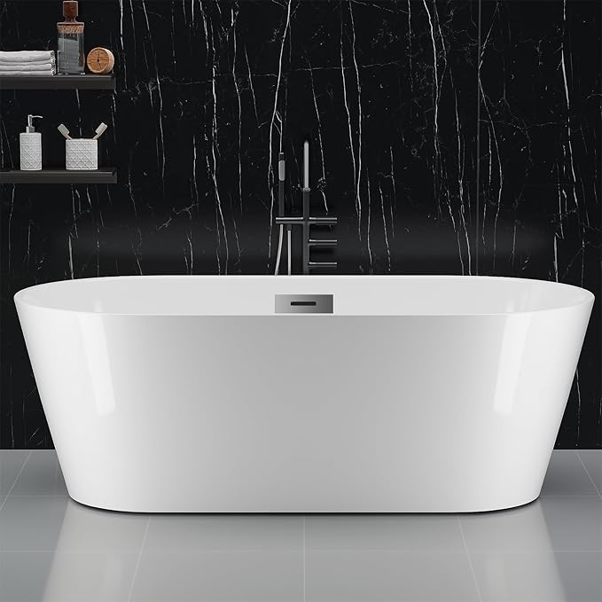 59" Free Standing Tub, Acrylic Soaking Bathtub, Stand Alone Freestanding Tub with Matte Sliver Drain and Overflow, Contemporary Bathtub for Bathroom, Burnish White