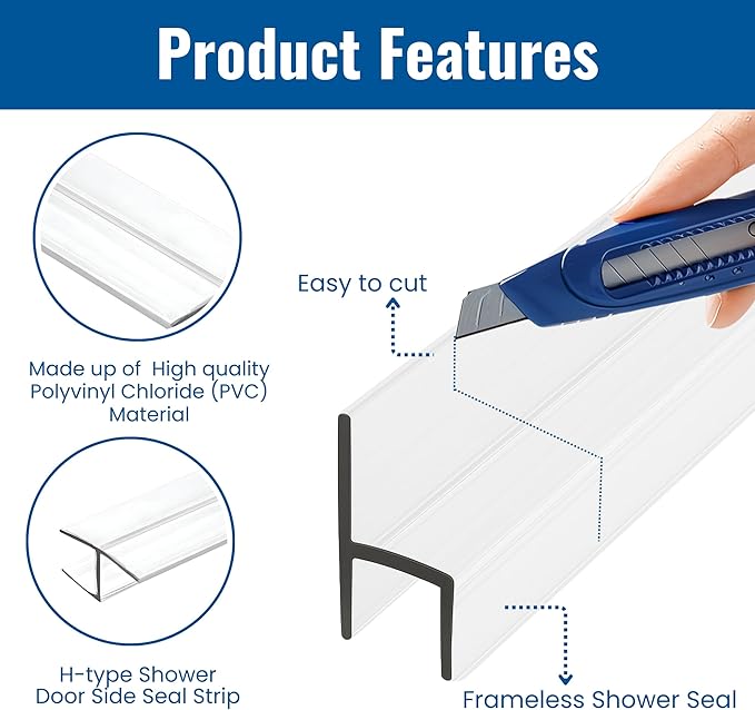 KC Hardware 85 Inch Frameless Shower Door Side Seal Strip, H-Type Glass Shower Door Seal Strip (180 Degree) for 1/4 Inch(4-6mm) Thick Glass, Water Guard That Prevents leaks, Ultra Clear (Pack of 3)