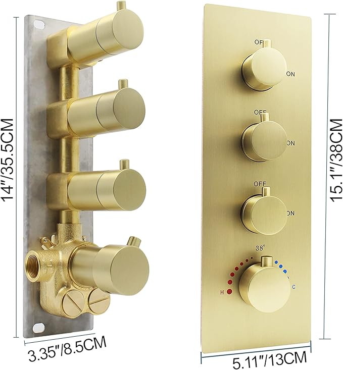 HOMEDEC 3 Function Shower Mixing Valve and Trim Kit, Brushed Gold 3 Ways Thermostatic Valve Flow Volume Control Vertical Shower Diverter Selector