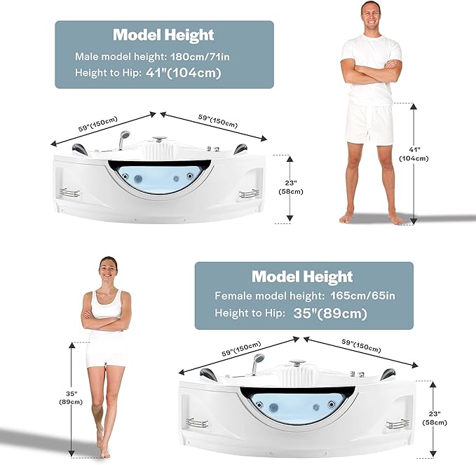Empava 59" Corner Whirlpool Bathtub for 2-Person, Luxury Jetted Spa Tub with 10 Hydro Massage Jets, Built-In Heater, Chromatherapy LED Lights & Constant Heat System, ETL Certified Acrylic Tub