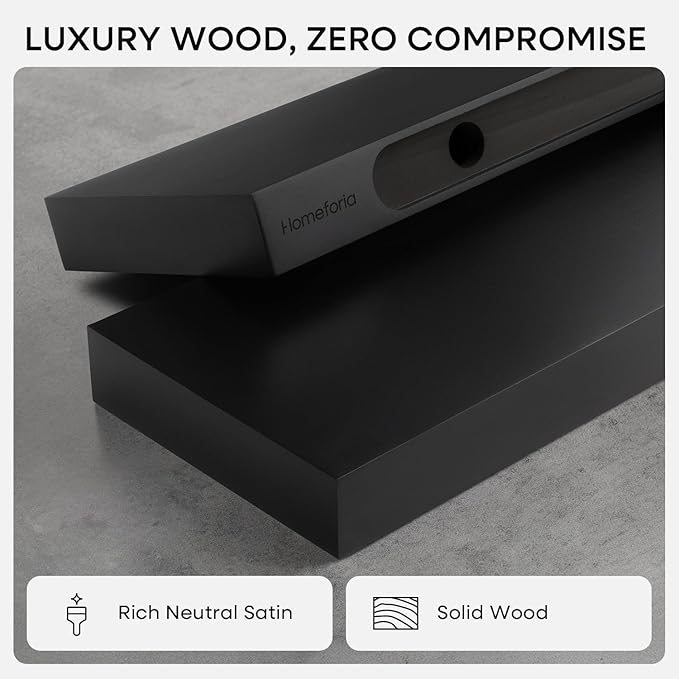 Homeforia Floating Black Shelf 60 inch, High End Solid Real Wood 60 inches Long Floating Shelves for Wall, Black Wooden 60inch Large Floating Shelves, Heavy Duty Bracket, 60 X 6.5 X 1.75 in, Set of 3