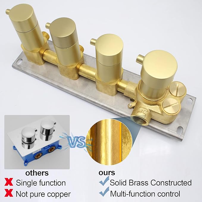 HOMEDEC 3 Function Shower Mixing Valve and Trim Kit, Brushed Gold 3 Ways Thermostatic Valve Flow Volume Control Vertical Shower Diverter Selector