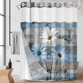 No Hook Blue Daisy and Butterfly Shower Curtain with Snap in Fabric Liner Set, Rustic Farmhouse Double Layers Waterproof Fabric with See Through Top Window Open Grommet Bath Curtain 71x74 Inch