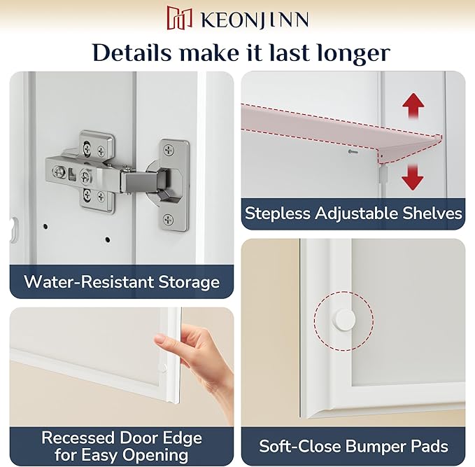 Keonjinn 48 x 26 Inch Medicine Cabinet, Assembly Required, White Bathroom Medicine Cabinets Mirror, Lightweight, Adjustable Shelves, Surface Mount or Recessed, Tempered Glass