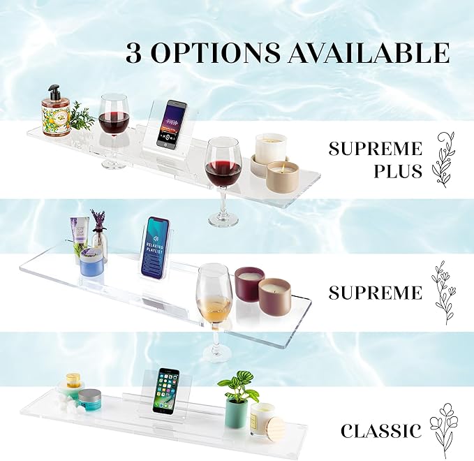 36" Supreme - Clear Acrylic Bathtub Tray Caddy Tub Shelf, Spa Board Luxury Bathroom Bath tub Table, Fits Across Bathtubs, Book, iPad and Wine Glass Holder (Supreme, 36")