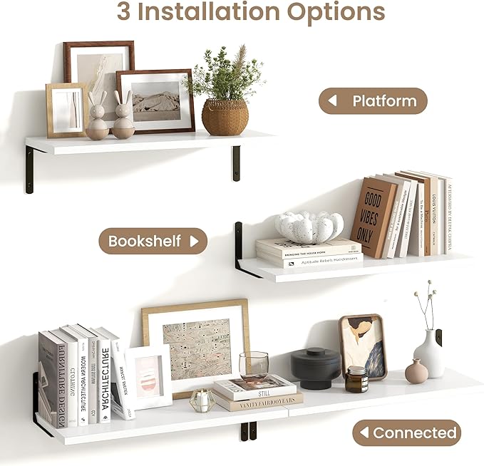 Fun Memories Deep Floating Shelves, 24W x 8D Floating Shelves Set of 2, Wall Mounted Shelf with Metal Brackets, Rustic Wood Wall Shelf for Bathroom, Kitchen and Living Room, White