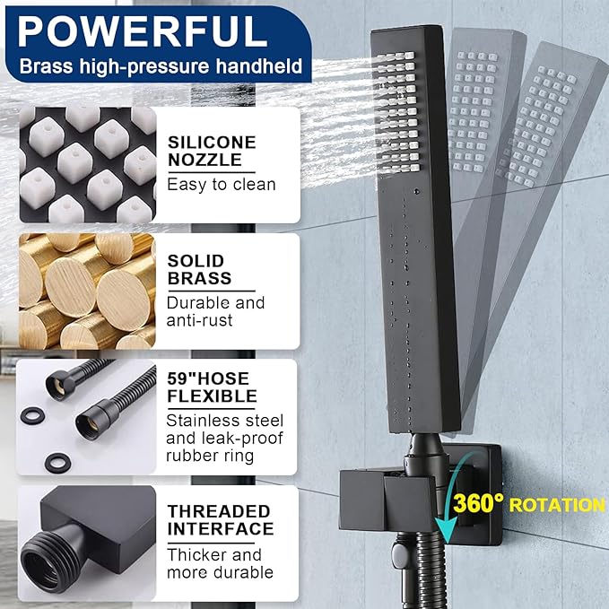Black Shower Faucet Set Dual Shower Heads with 16" Ceiling Mounted Rain Shower Head & 6" Wall Mounted Head 4 Function Full Body Shower System with body jets,Matte Black