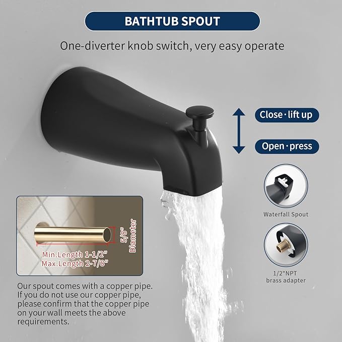 Tub Shower Faucet Combo Set Bathtub Faucet Set Shower System with Tub Spout Shower Tub Kit Shower Valve and Trim Kit Shower Fixtures Matte Black