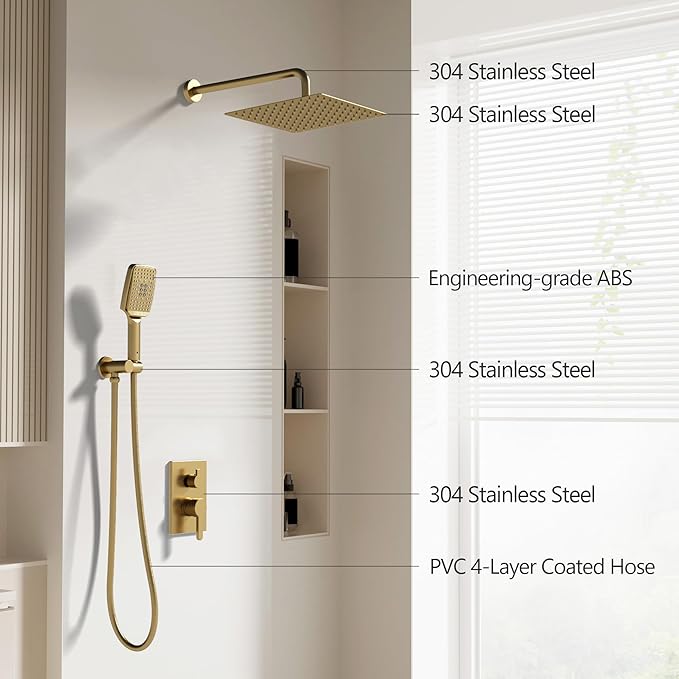 Shower Faucet Set - 12 inches Rain Shower System with 6 Function Handheld Shower Head Rough in Pressure Balance Valve Kit - Stainless Steel Bathroom Shower Kit Complete Brushed Gold
