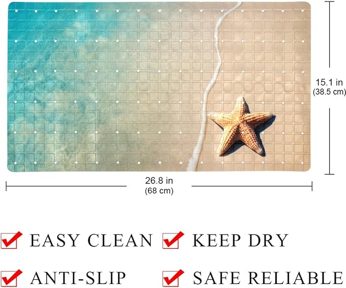 Bathtub Mats for Shower Tub, Anti-Slip Bath Mats for Inside Tub, Bathroom Shower Mats with Drain Holes and Suction Cups (Beach Starfish Seashells Turquoise Water)