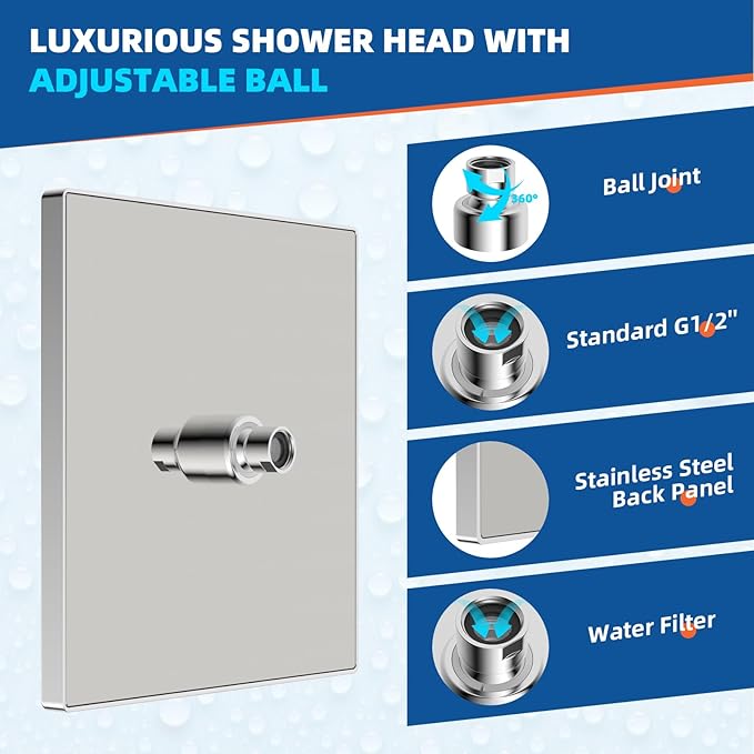 Hibbent Thickness Metal Rain Shower Head, 12 Inch High Pressure Shower Heads, Square Large Bathroom Rainfall Shower Head with Adjustable Brass Ball Joint, Waterfall Full Body Coverage, Chrome