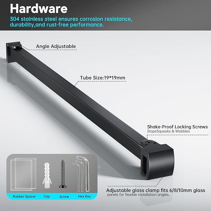 Frameless Shower Door Support Bar, Stainless Steel Wall-to-Glass Support Arm to Fixed Shower Glass Panel, for 1/4"-3/8" (6-10 mm) Door, 180° Pivot & Stow-Flat Mode (Matte Black, 19.7-inch(500mm))