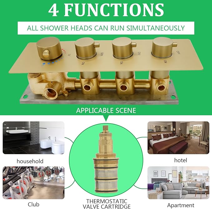 HOMEDEC 3 Function Shower Mixing Valve and Trim Kit, Brushed Gold 3 Ways Thermostatic Valve Flow Volume Control Vertical Shower Diverter Selector