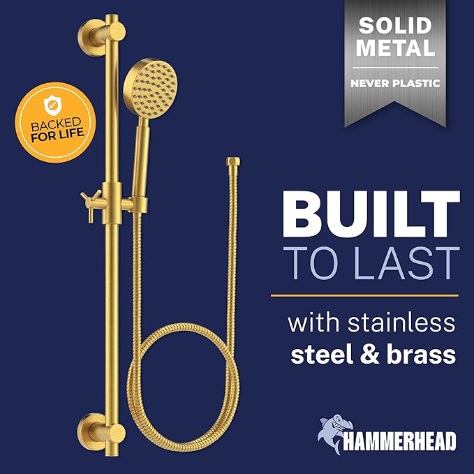 HammerHead Showers® Solid METAL 27.5 Inch Shower Slide Bar Set and Handheld Shower Head with Hose — BRUSHED GOLD — 2.5 GPM High Pressure Spray Wand — Easily Adjust Height & Angle of Handshower