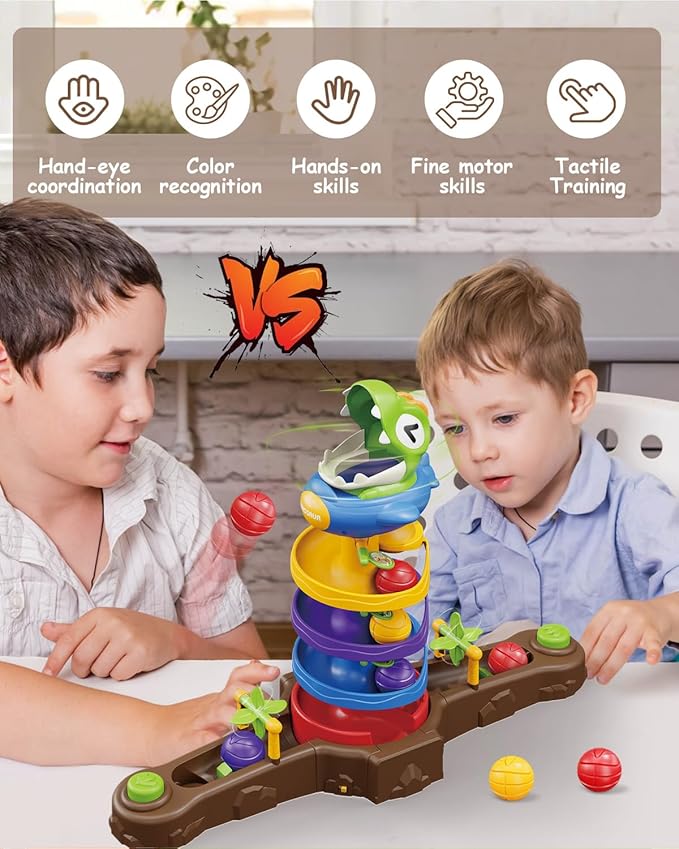 Dinosaur Ball Drop Toys for 3 4 5 6 7 8 Years Old Kids, Dino Spin Twister Toddlers Toy, Shoot Balls Toddler Montessori Toys Gifts for 1-6 Year Old Boys Girls, 4 Players PK Mode