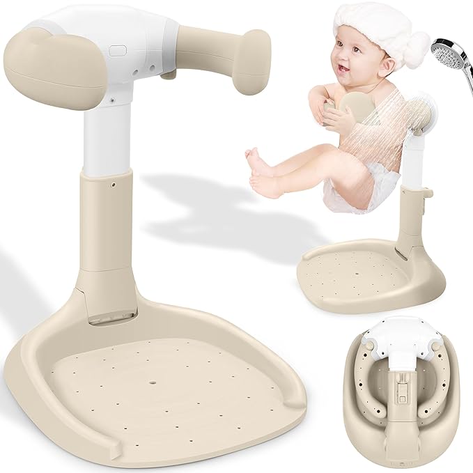 Baby Shower Stand, No-Assembly Baby Bath Stand with Enlarged Anti-Slip Base, Foldable Toddler Shower Standing Support, Soporte para Bañera de Bebe, Ideal Gift for Infant 6–36 Months (Brown)