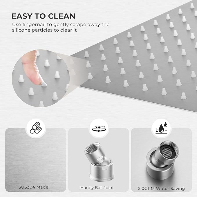 12 Inch Rain Shower Head, 12" Square Rainfall & High Pressure Stainless Steel Bath Shower Head, 1/16" Ultra Thin, Waterfall Full Body Coverage with Silicone Nozzle, Polished Chrome
