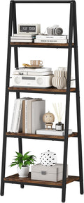 Homeiju 4-Tier Leaning Ladder Bookshelf, Rustic and Wood Ladder Shelf Bookcase, Industrial Ladder Shelf Storage Rack for Home Office, Bedroom, Bathroom or Kitchen