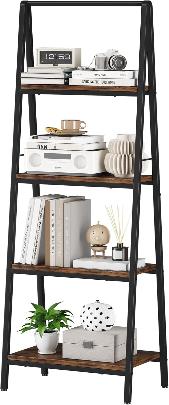 Homeiju 4-Tier Leaning Ladder Bookshelf, Rustic and Wood Ladder Shelf Bookcase, Industrial Ladder Shelf Storage Rack for Home Office, Bedroom, Bathroom or Kitchen