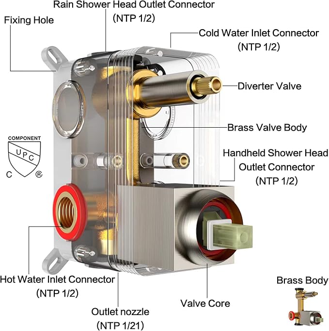 Rain Shower System 12 inch Shower Faucet Set with Tub Spout,Bathroom Wall Mounted Waterfall Shower Head Faucet Sets Complete with Handheld Spray,Rough-in Valve Body and Trim kit,Brushed Nickel