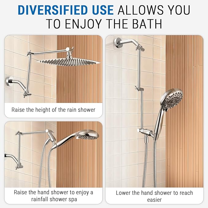 G-Promise 18 Inch Shower Head Extension Arm, Solid Brass Height & Angle Adjustable Extender, Rise or Lower Rainfall and Fixed Shower Head (Chrome)