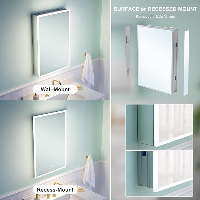 WELLFOR 20" X 30" Medicine Cabinet with Lights, 3X Magnification, Anti-Fog Mirrored Cabinet, Bathroom Vanity Medicine Cabinet with Outlets & USB Ports, Left Opening Door