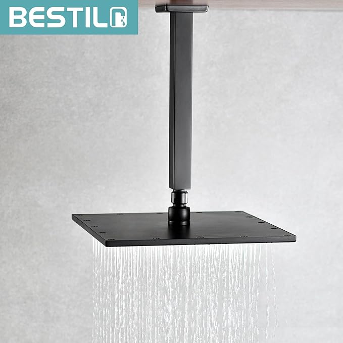 BESTILL 10 Inch Matte Black Ceiling Mount Shower Arm and Flange, Square Rain Shower Arm