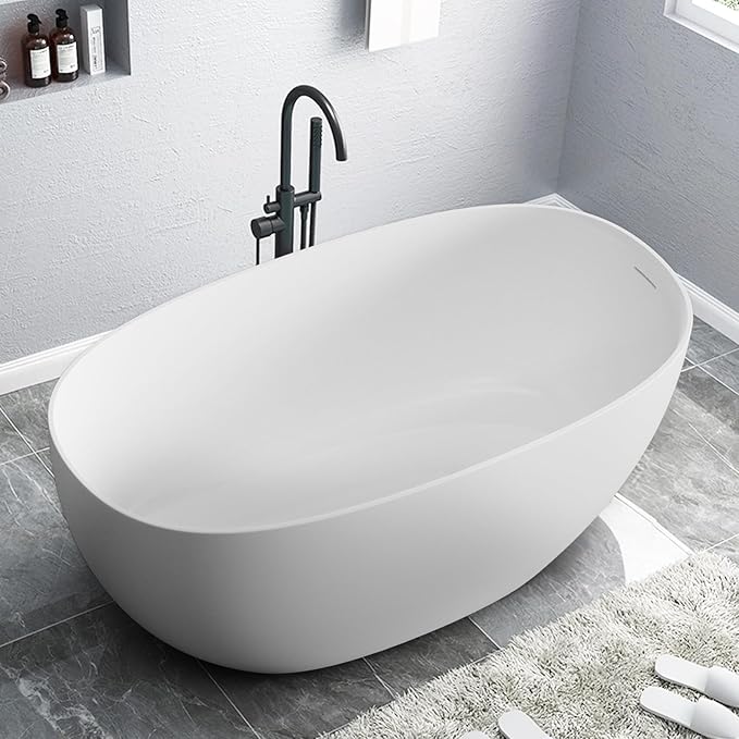 Stone Resin Freestanding Bathtubs,Soklawah 55" Solid Surface Luxury Soaking Tub,Oval Stand Alone Bathroom Bath tub with Drain & Integrated Slotted Overflow,Matte White Elegant Soaker Free Standing Tub