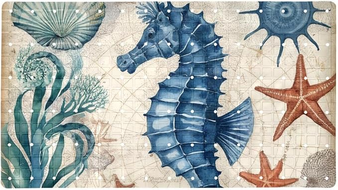 Bathtub Mats for Shower Tub, Anti-Slip Bath Mats for Inside Tub, Bathroom Shower Mats with Drain Holes and Suction Cups (Watercolor Marine Seahorse Vintage Map Background)