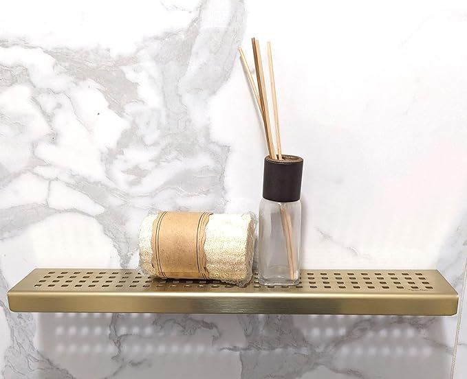SereneDrains Stainless Steel Gold Brass Shower Shelf for Inside Shower Drill in Wall Mount Small Bathroom Shelf Decor Organizer Rack Caddy Floating (Matte Gold, 24 Inch)