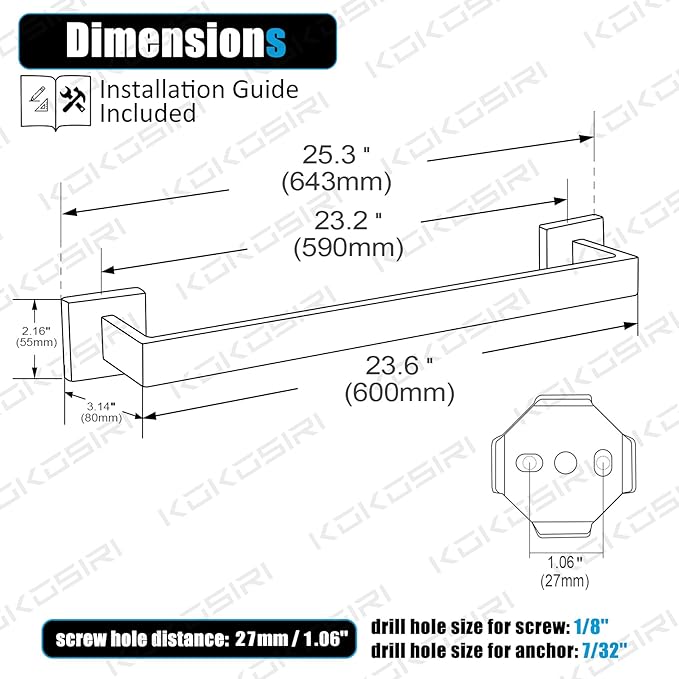 KOKOSIRI 24-Inch Single Towel Bar, Bathroom Kitchen Towel Holder, Wall Mounted SUS304 Stainless Steel Towel Rack, Brushed Nickel, B4003BR-L24