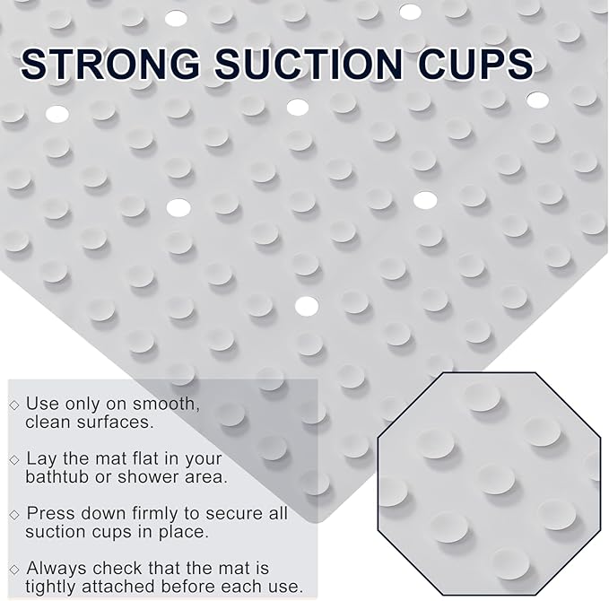 Anti Slip Shower Mat for Tub & Shower Stall, 21" x 21" Square Silicone Bathtub Mat with Powerful Suction Cups, Fast-Draining, Machine Washable Soft Foldable Bathroom Mat, White