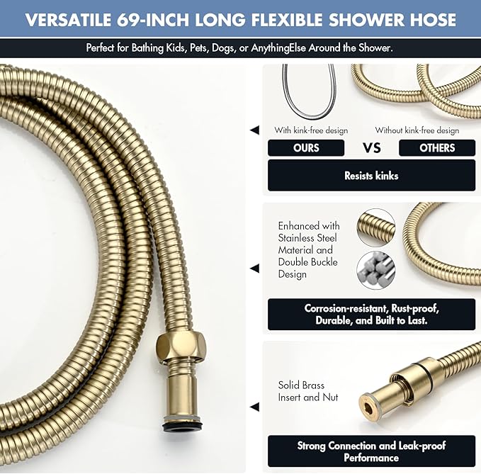 Adjustable Shower Slide Bar with 5-Function Handheld Shower Head, Stainless Steel Grab Slide Bar Combo with Extra Hose (Brushed Gold)