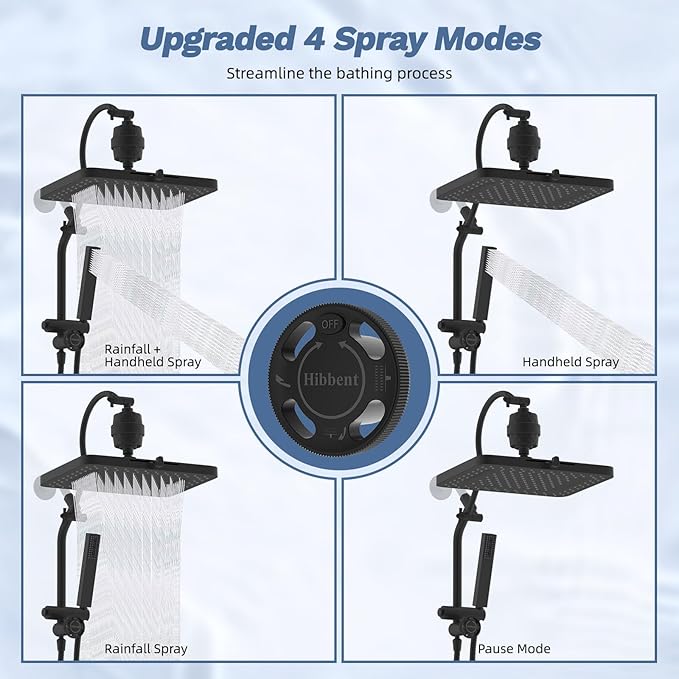 Hibbent 5-spray Filtered Rainfall Shower Head Combo, High Pressure 13'' Showerhead with Stainless Steel 4 Spray Modes Handheld, All Metal 4-way Diverter Arm, Pause Mode, 71'' Hose& Holder, Matte Black