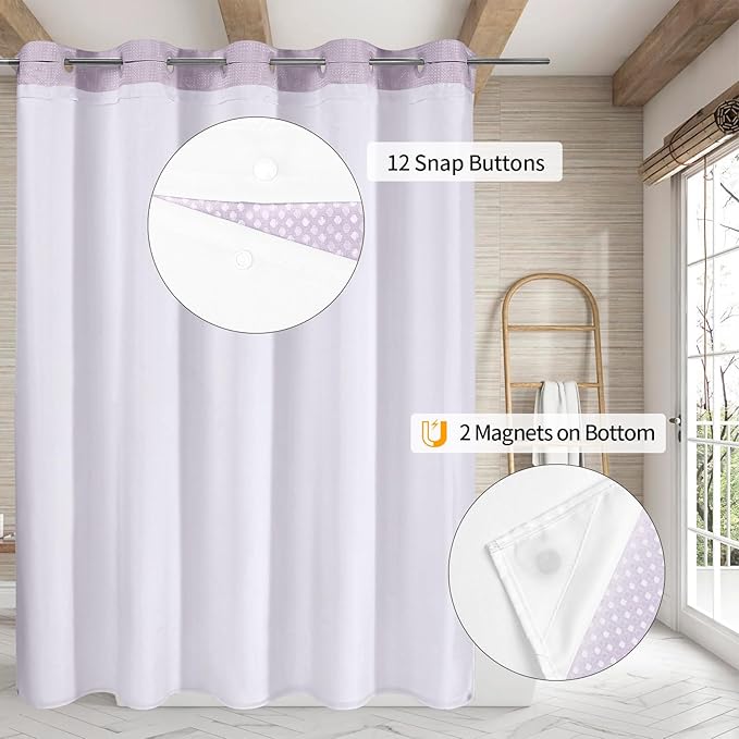 MitoVilla No Hooks Needed Purple Waffle Shower Curtain Liner Set, Modern Waffle Weave Heavy Duty Fabric Cloth Shower Curtain with Snap-in Liner for Luxury Neutral Hotel Spa Bathroom Decor