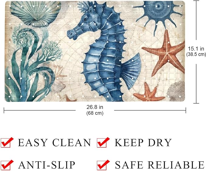 Bathtub Mats for Shower Tub, Anti-Slip Bath Mats for Inside Tub, Bathroom Shower Mats with Drain Holes and Suction Cups (Watercolor Marine Seahorse Vintage Map Background)