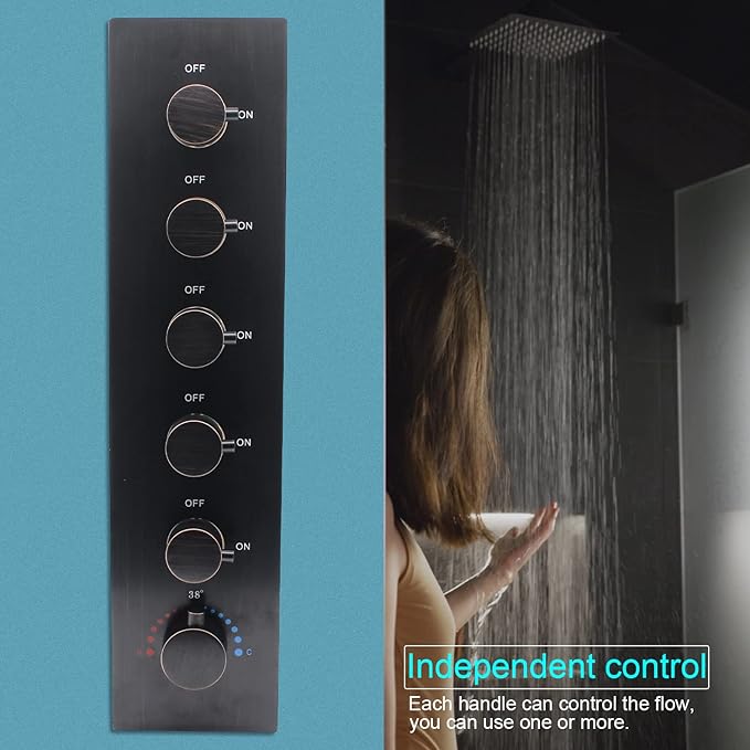 Can Run All Functions Together 5-Way Shower Diverter Valve Kit, HOMEDEC Concealed Brass Thermostatic Mixer Valve Handles Control Outlets Shower Flow(Oil Rubbed Bronze, Vertical installation)